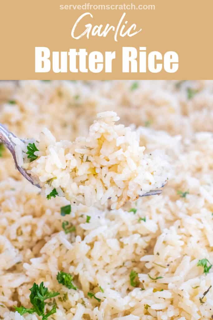a fork holding up some fluffy rice and Pinterest pin text.
