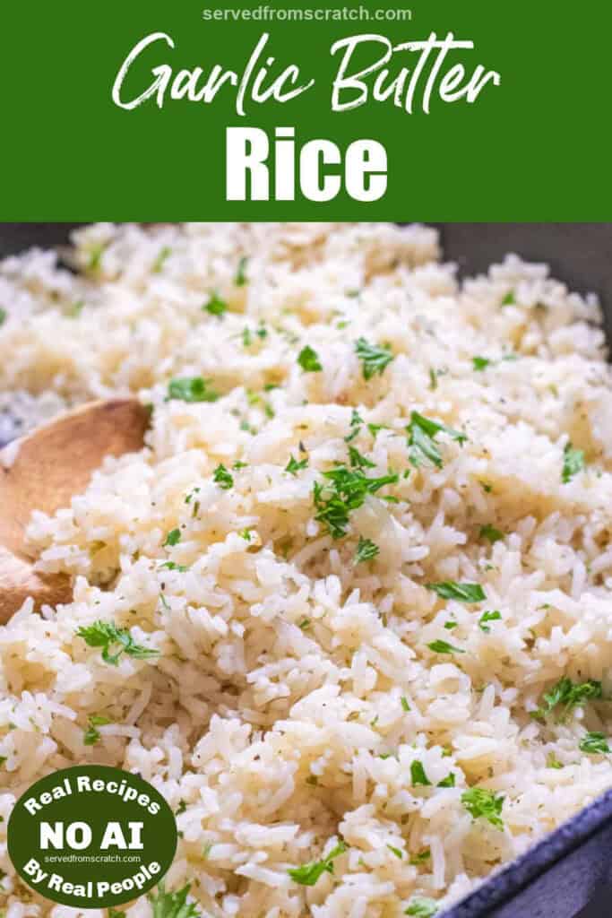 a cast iron of cooked white rice with parsley and a wooden spoon with Pinterest pin text with NO AI sticker.