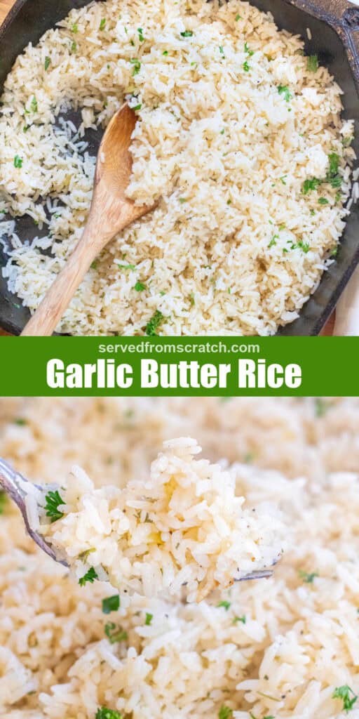 a cast iron of cooked white rice with parsley and a wooden spoon with Pinterest pin text and a fork holding up some of the rice.