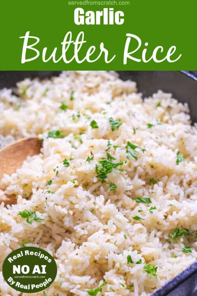 a cast iron of cooked white rice with parsley and a wooden spoon with Pinterest pin text with NO AI sticker.