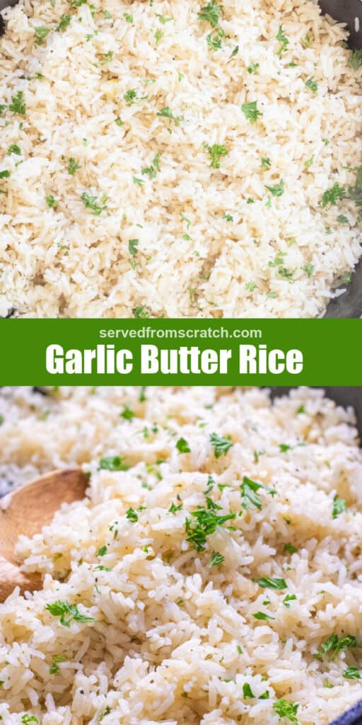 a cast iron of cooked white rice with parsley and a wooden spoon with Pinterest pin text and an overhead of the cast iron of cooked rice.