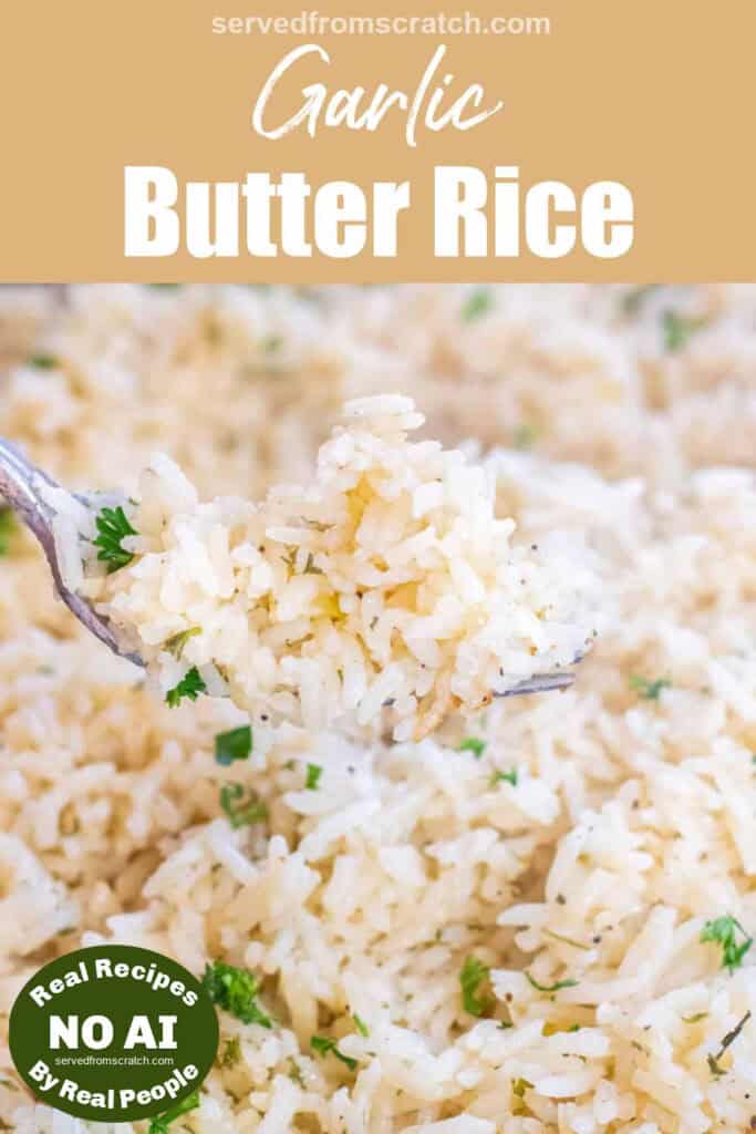 a fork holding up some fluffy rice and Pinterest pin text with NO AI sticker.