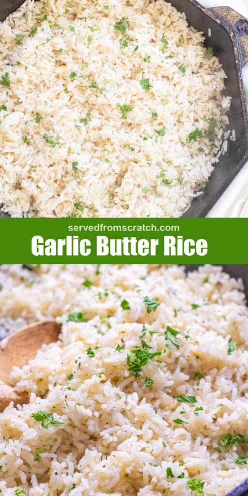 a cast iron of cooked white rice with parsley and a wooden spoon with Pinterest pin text and an overhead of the cast iron of cooked rice.