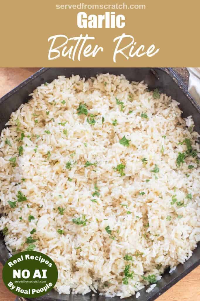 an overhead of a cast iron skillet with cooked rice and Pinterest pin text with NO AI sticker.