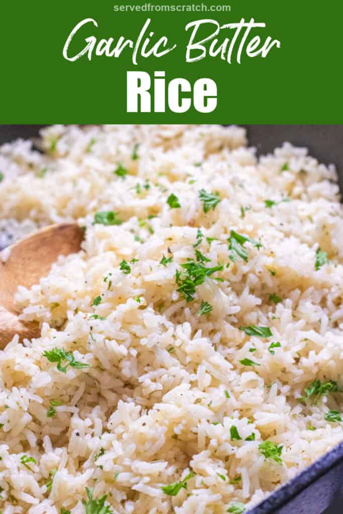 a cast iron of cooked white rice with parsley and a wooden spoon with Pinterest pin text.