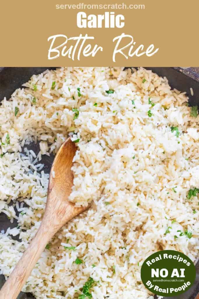 a cast iron of cooked white rice with parsley and a wooden spoon with Pinterest pin text with NO AI sticker.