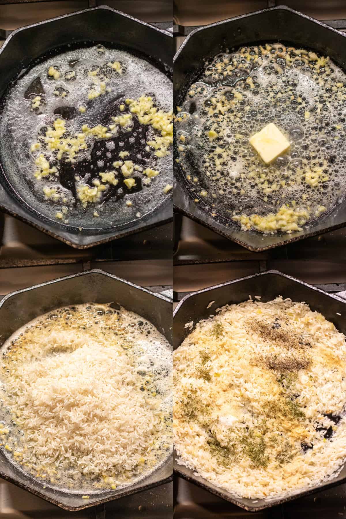 4 pictures of cast irons one with butter and garlic, one with more butter on the garlic, ne with rice added, and then one with the spices added.