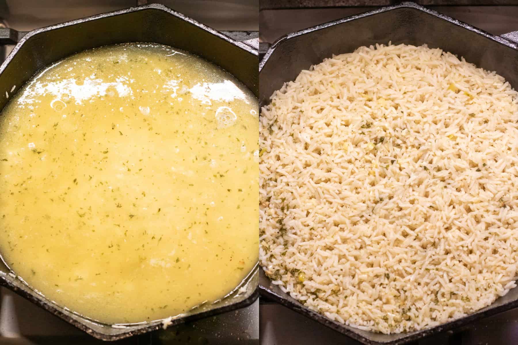 two cast irons one filled with stock and then one with the cooked rice.