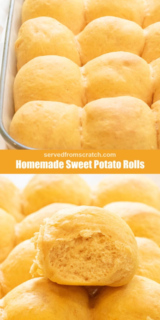 a tray of baked rolls and a roll pulled out of a tray of rolls sitting on top of the other rolls with Pinterest pin text.