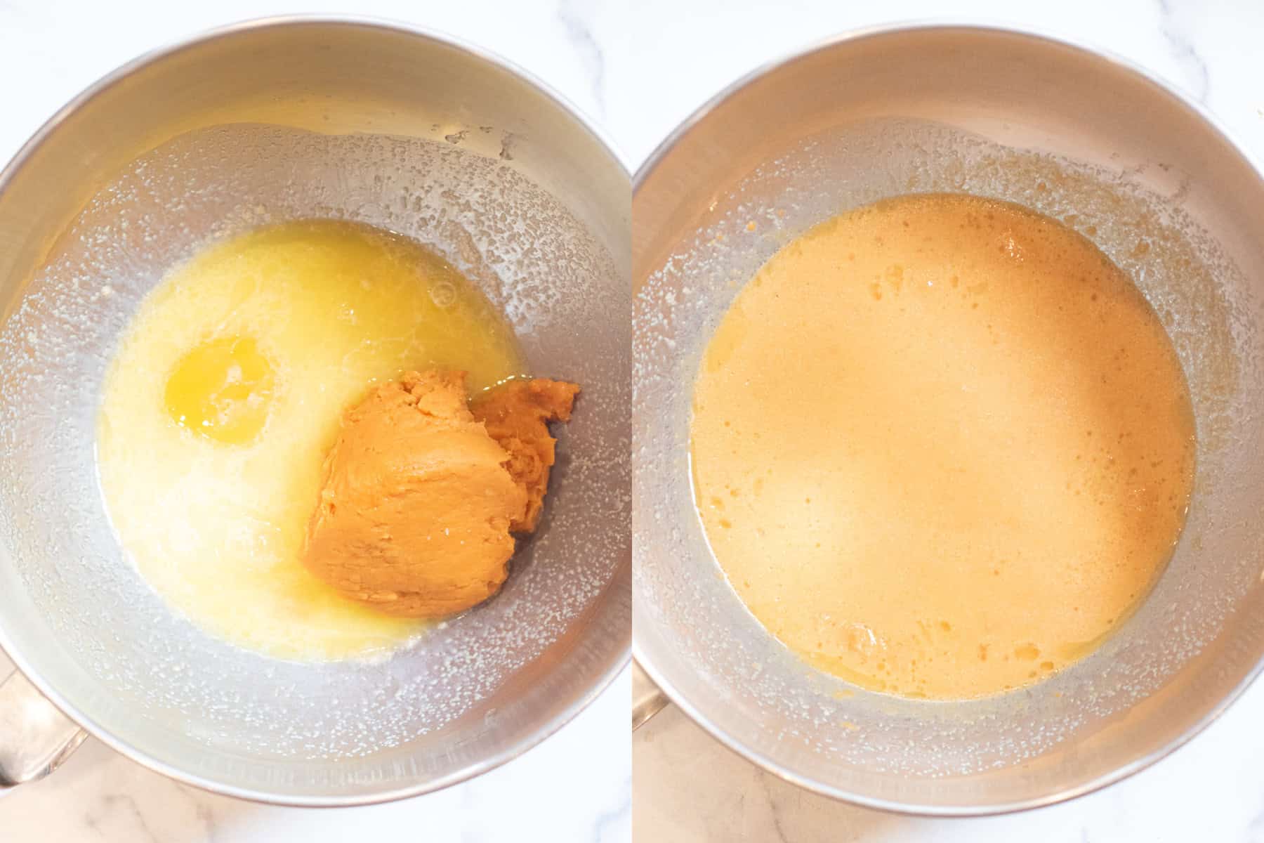 two stand mixer bowls one with egg and milk and some mashed sweet potato, and then it all mixed together.