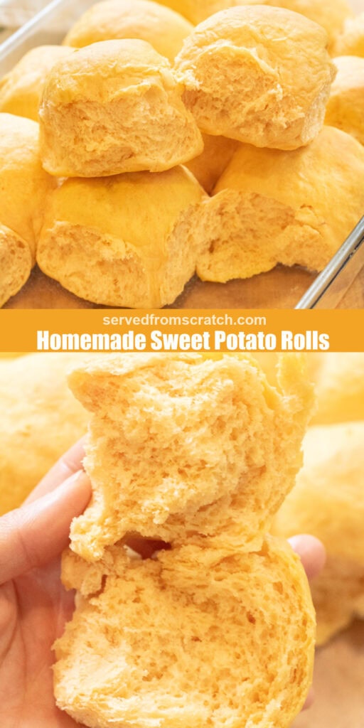 two stacked rolls on a top of baked rolls with Pinterest pin text and then a hand holding a roll split in half.
