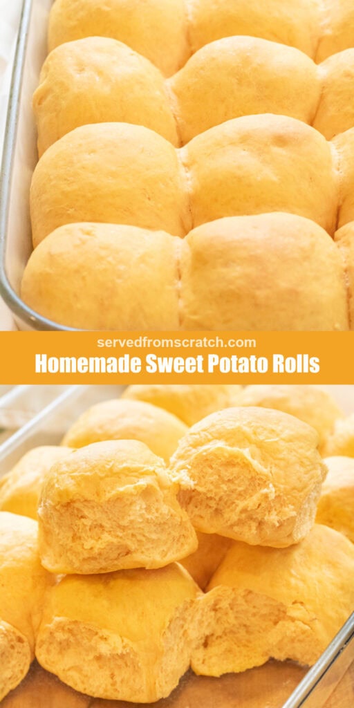 a tray of baked rolls with Pinterest pin text and two rolls pulled out of the tray on top of the other rolls.