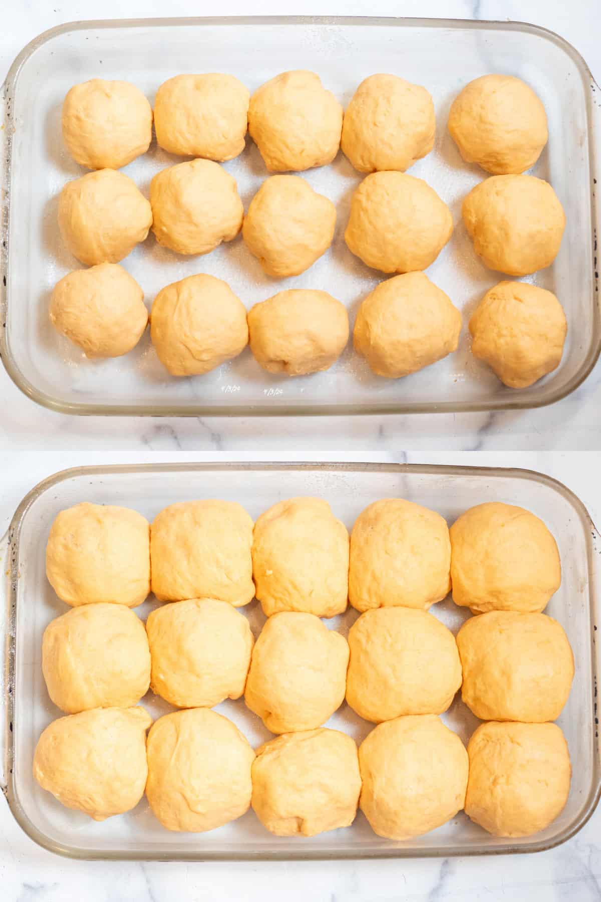 two glass baking dishes one with 15 balls of dough and the other with the balls risen.
