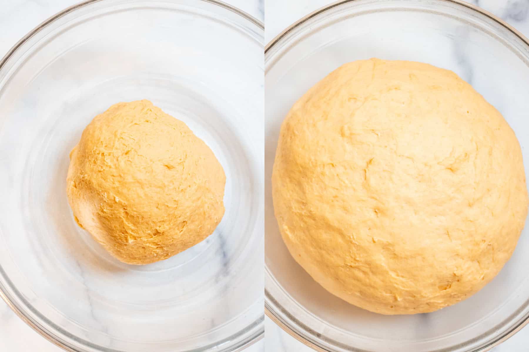 two pictures of dough, one in a ball and then it proofed.