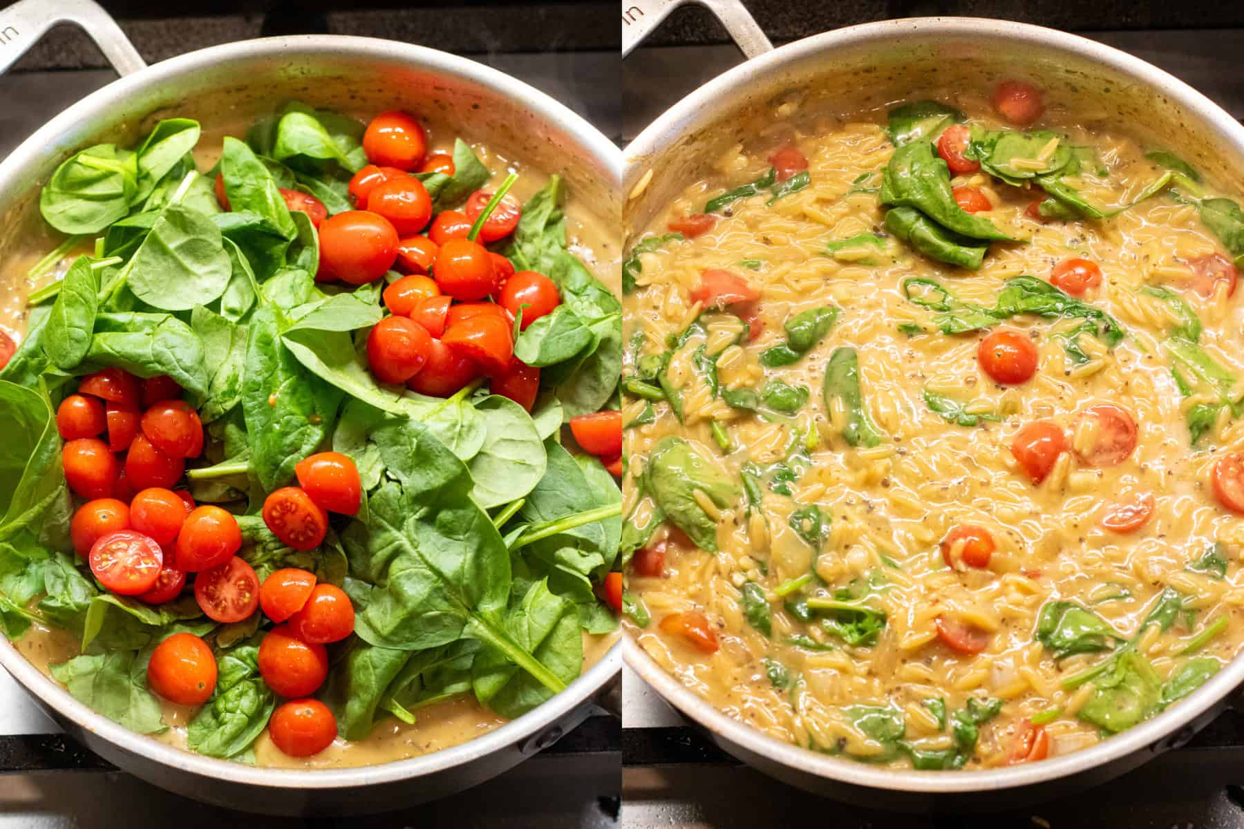 a picture with two pans, one with spinach and tomatoes and one with it all mixed with the orzo.