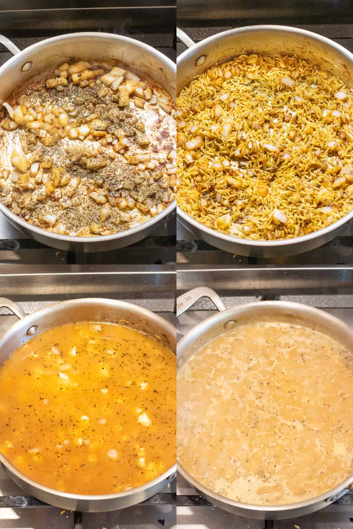 4 pictures of skillets, one with sauteed onion and garlic and spices, one with rice added, one with stock added, and then it all mixed and heated.