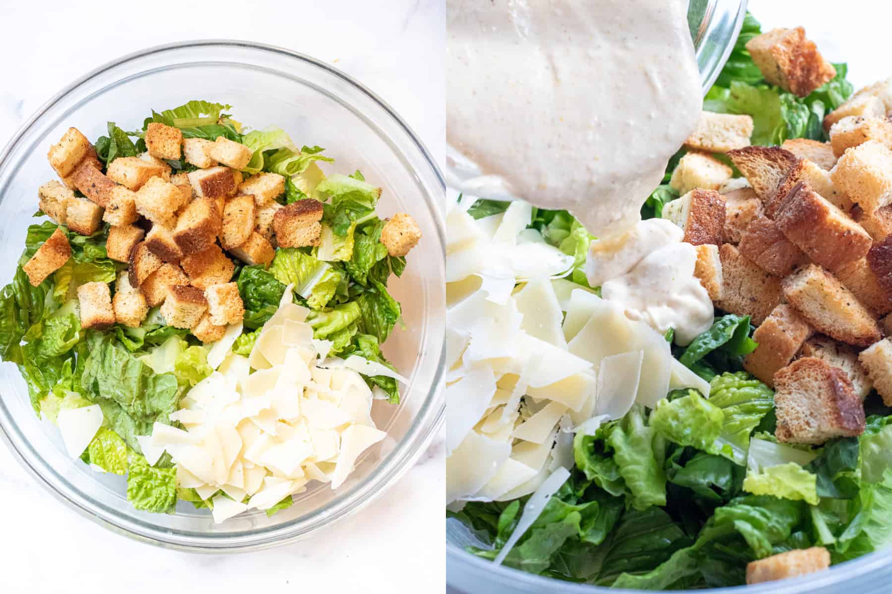 a bowl of lettuce, croutons, shaved parmesan cheese, and then a picture of that bowl with dressing being poured in.