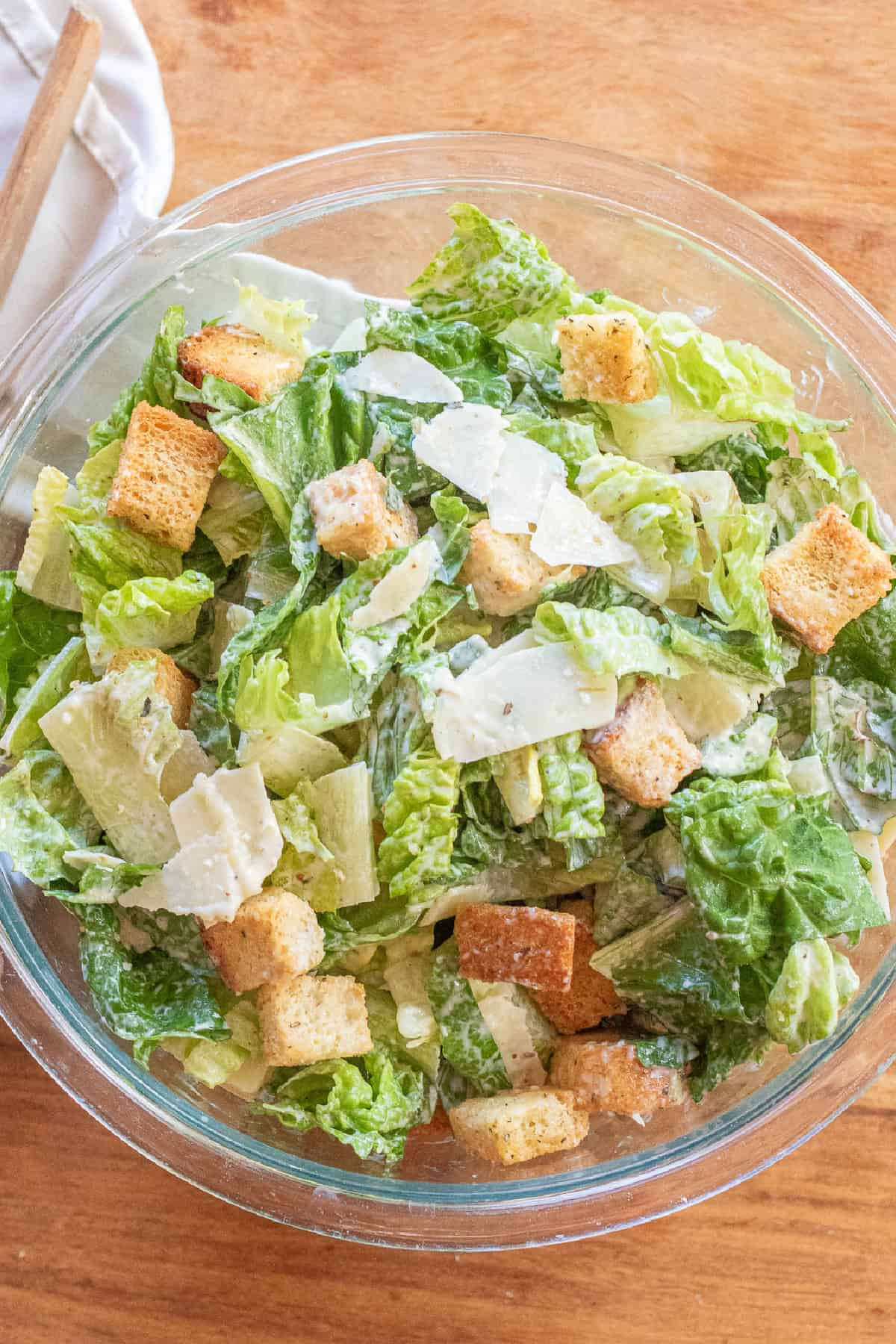 overhead of a bowl of caesar salad.