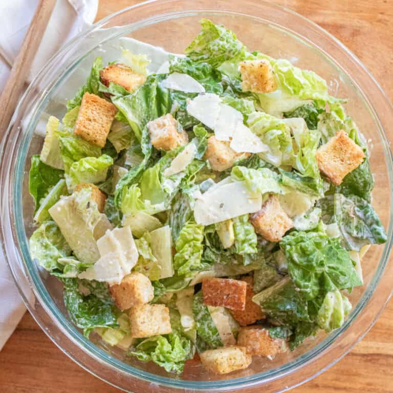 overhead of a bowl of caesar salad.