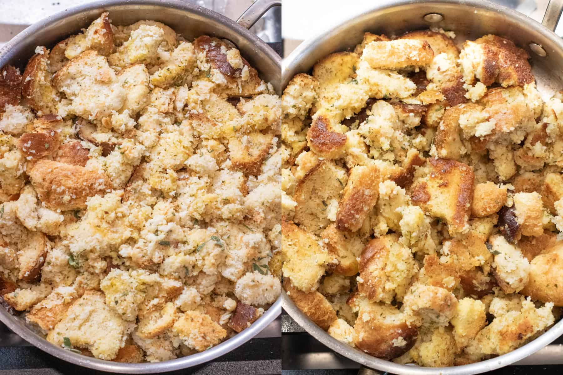 two pans one of uncooked bread and one of cooked crispy bread.