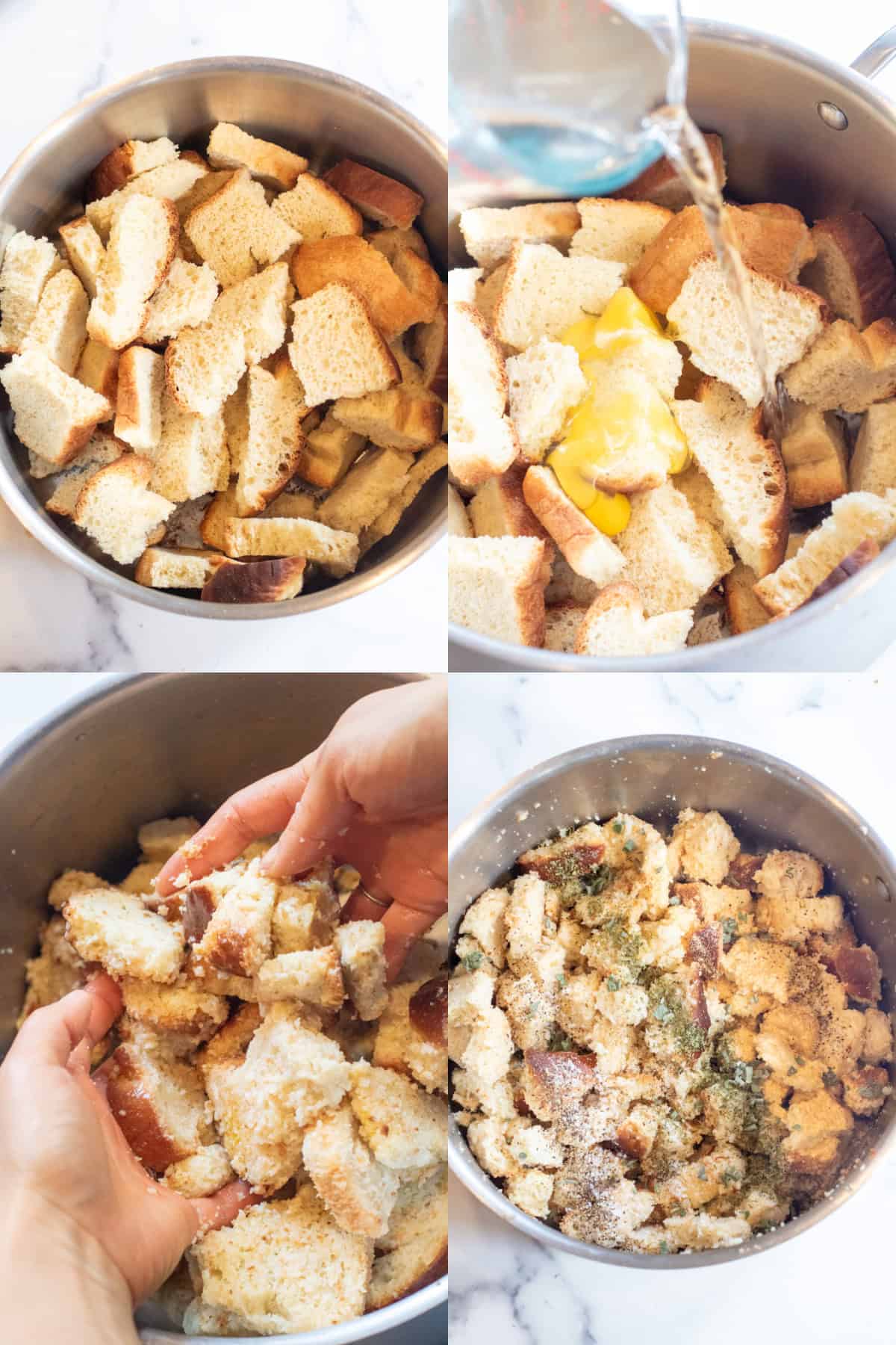 4 pictures of a large stock pot with broked up stale bread, water being poured in, hands breaking it all up, and then seasonings on top.
