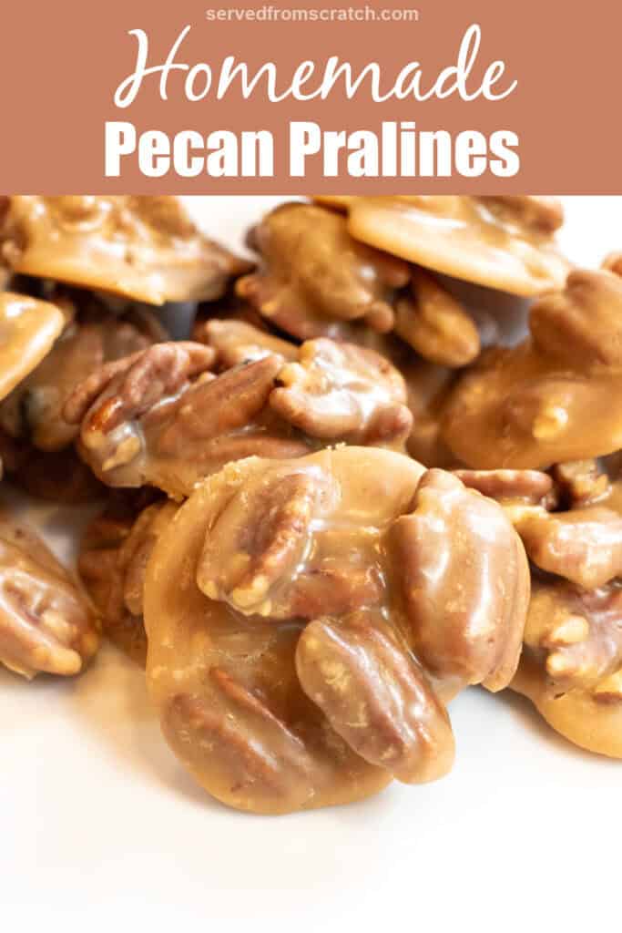 a plate of pecan pralines with Pinterest pin text.