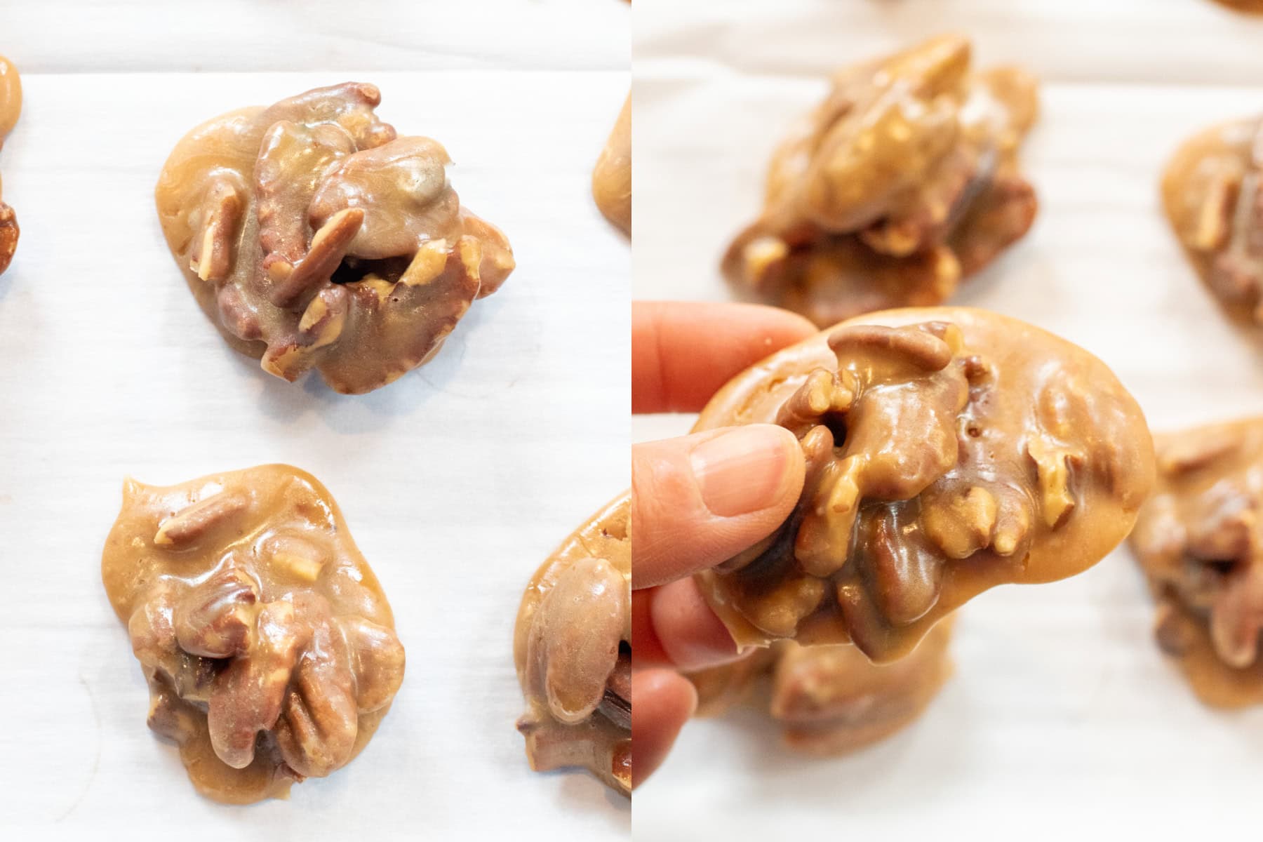 set and cooled pralines on parchment paper and a hand holding one.