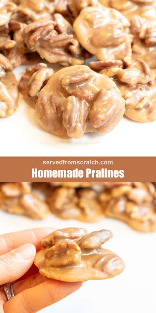 a plate of pecan pralines with Pinterest pin text and a hand holding a praline.