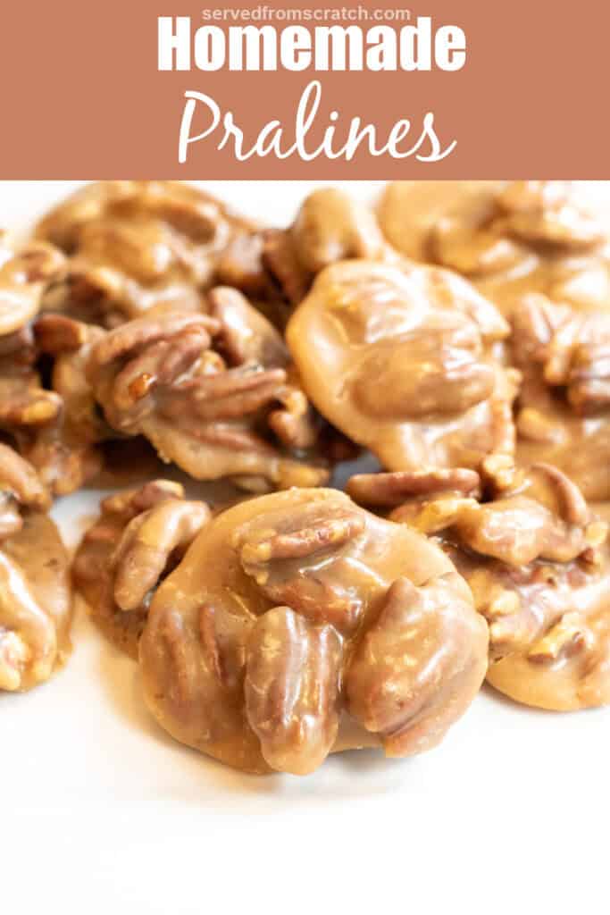 a plate of pecan pralines with Pinterest pin text.