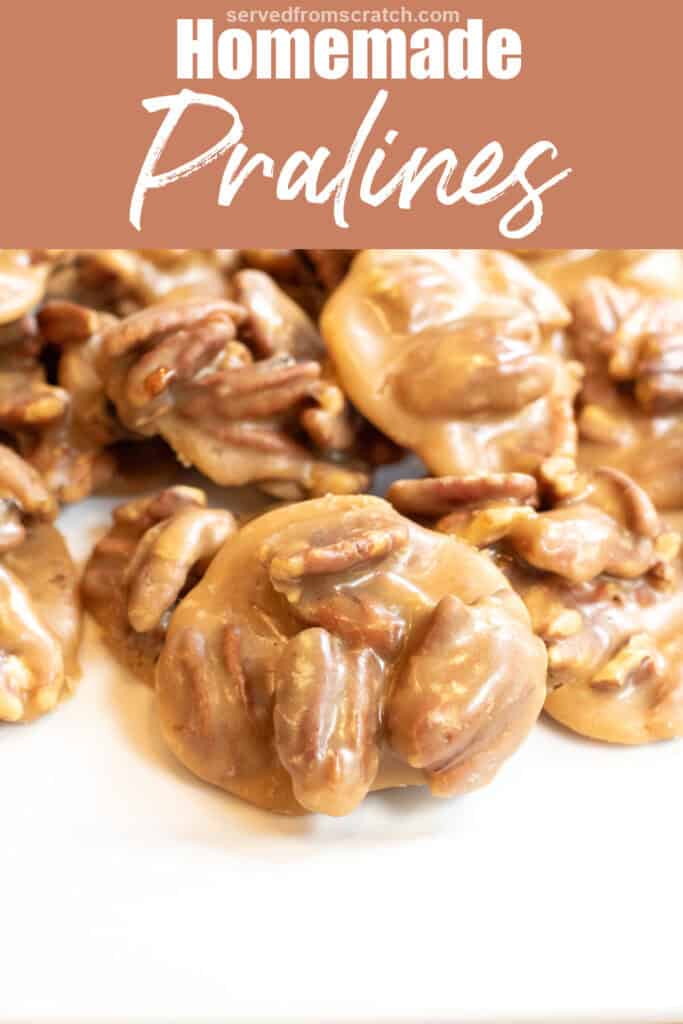 a plate of pecan pralines with Pinterest pin text.