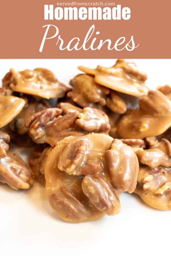 a plate of pecan pralines with Pinterest pin text.