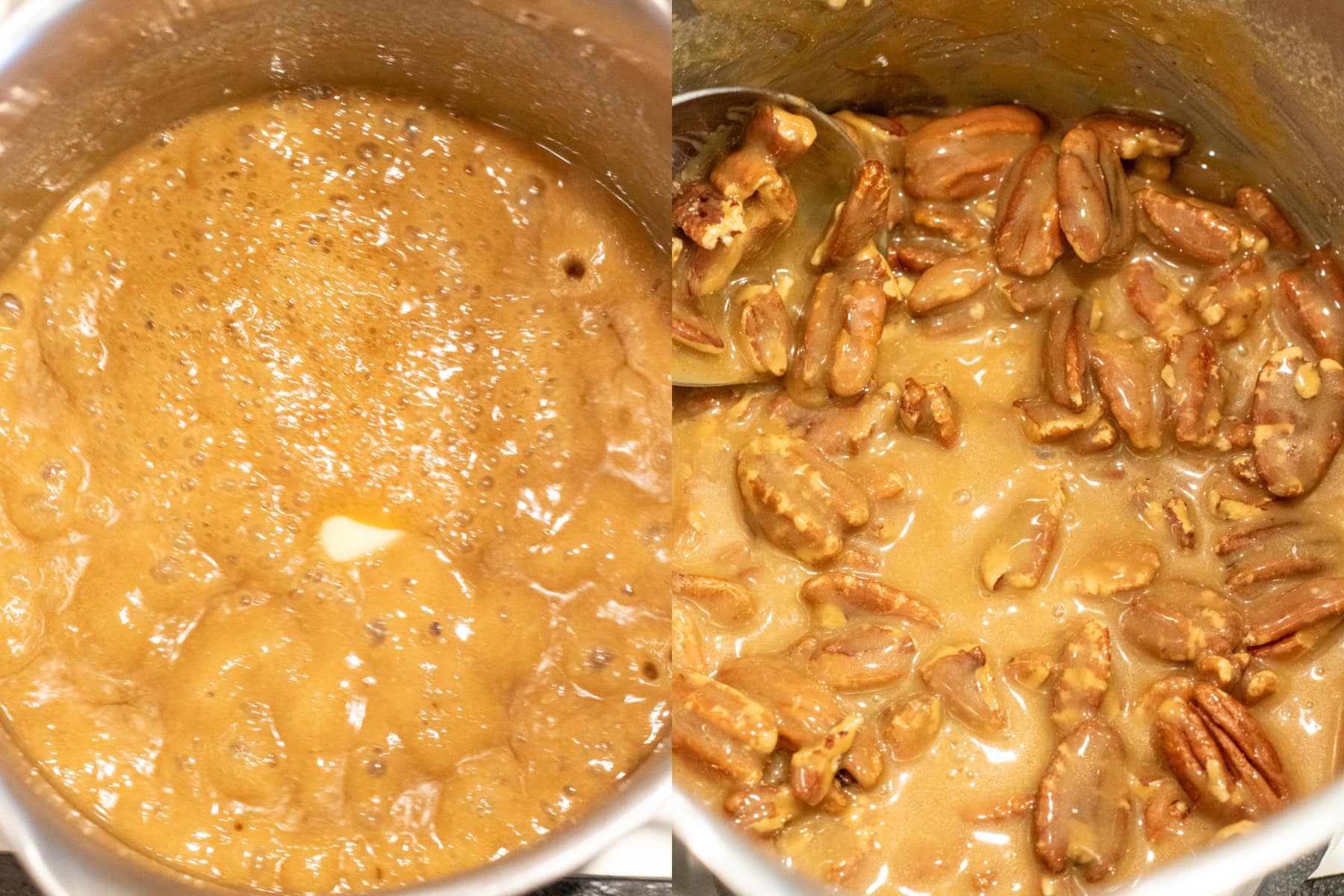 a picture of a pop bubbling with a tab of butter and then with pecans all mixed in.