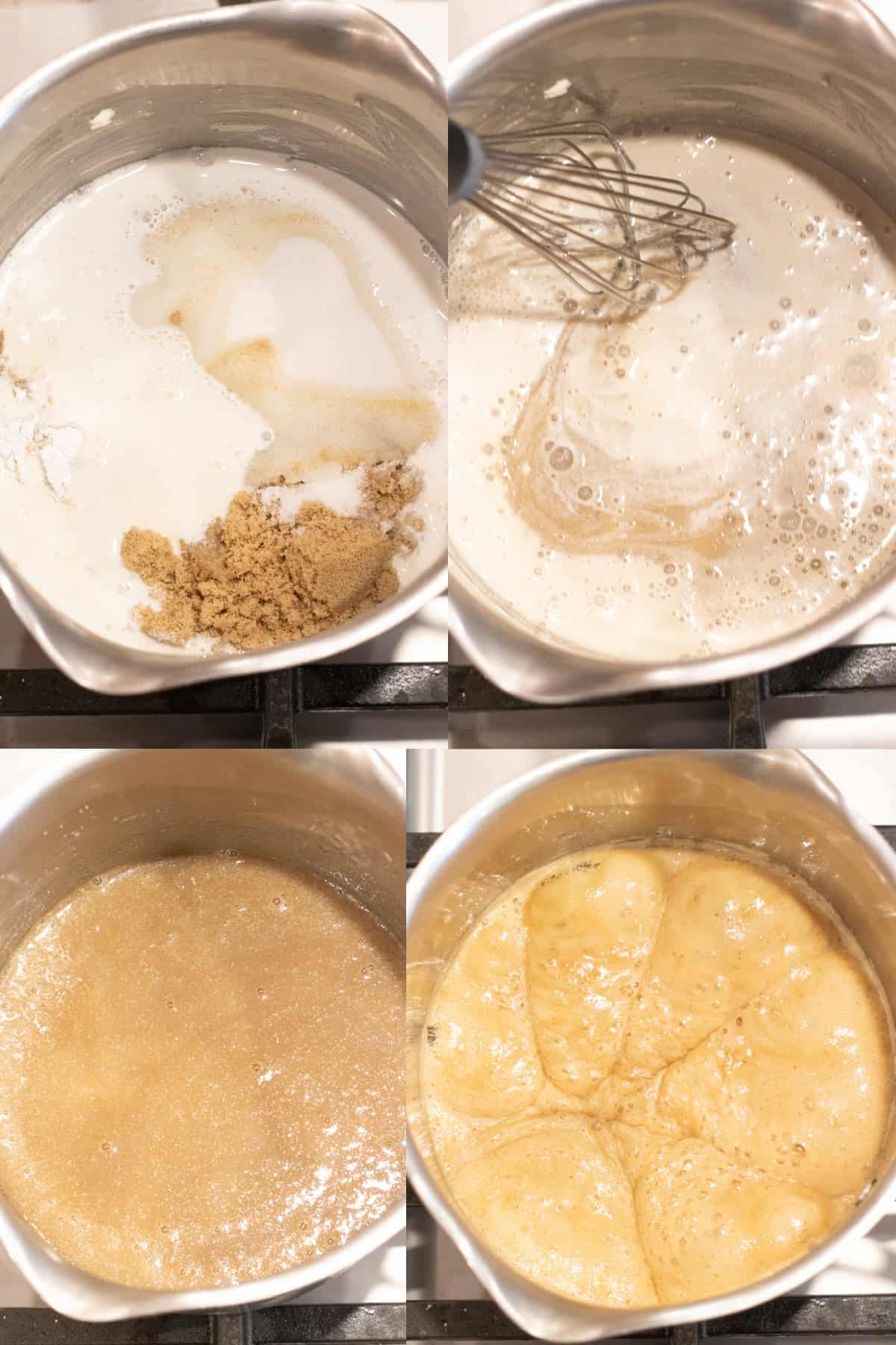 4 pictures of pots one with sugars and cream, a whisk mixing it, it all mixed together, and then it all bubbling.