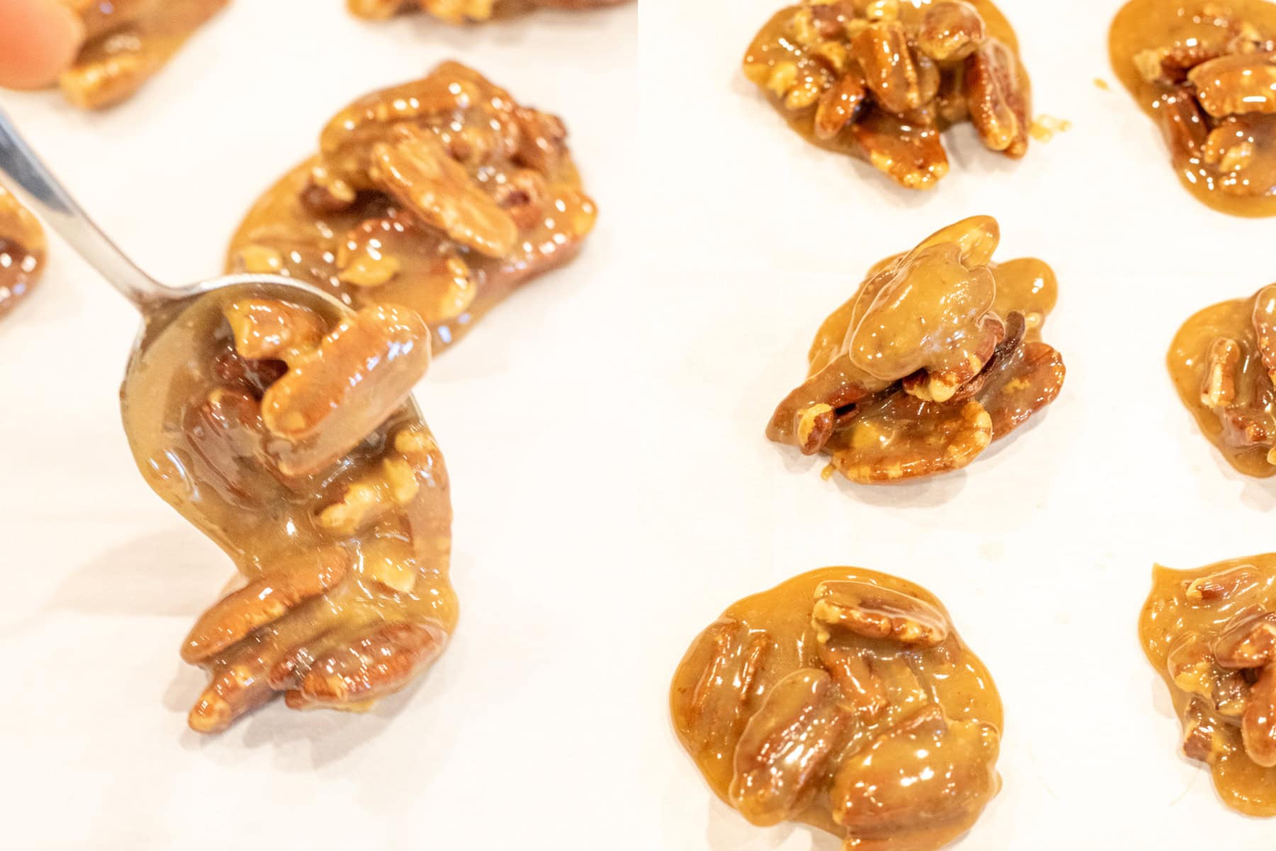 a spoon spooning some pecan pralines on parchment paper and a picture of the spooned pralines.