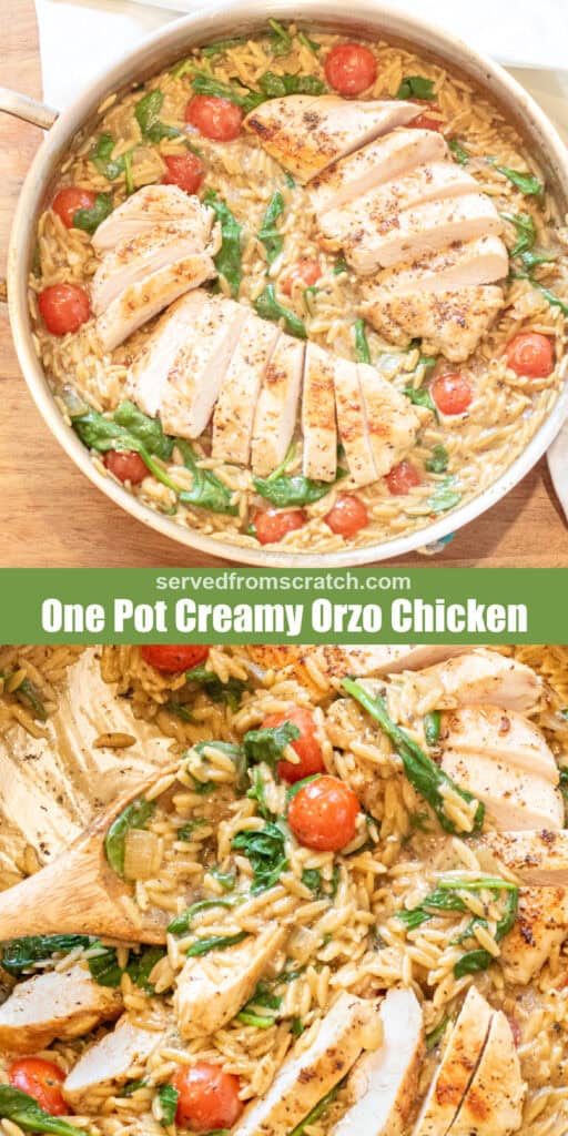an overhead of a skillet with cooked sliced chicken and orzo and spinach and tomatoes with Pinterest pin text.