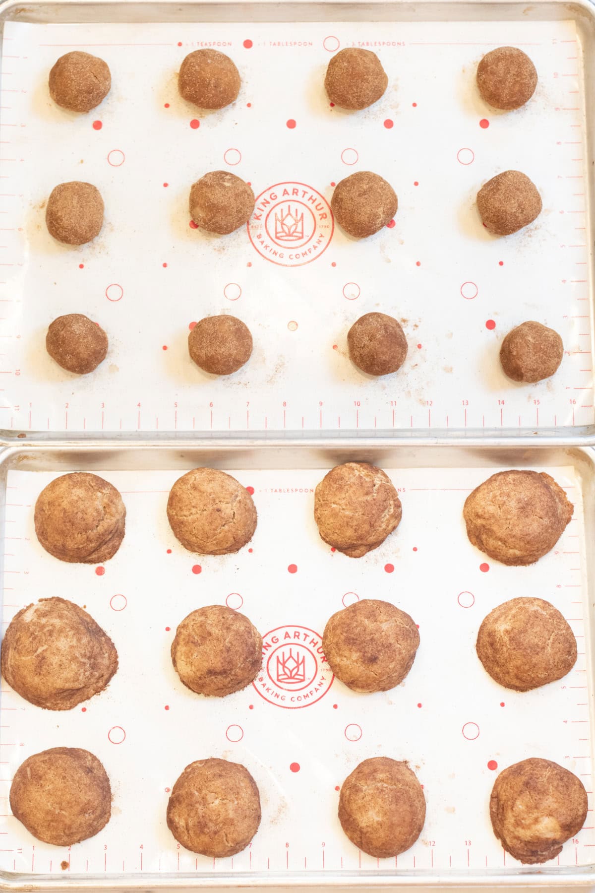 two trays, one with unbaked cookie dough balls and one with baked cookies.