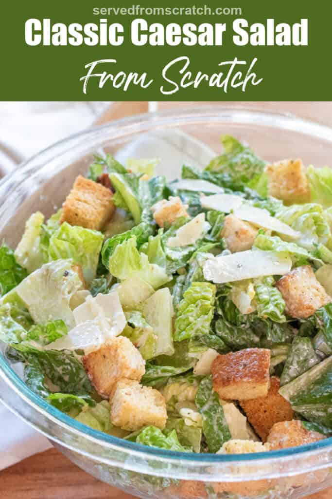a bowl of Caesar Salad with Pinterest pin text.