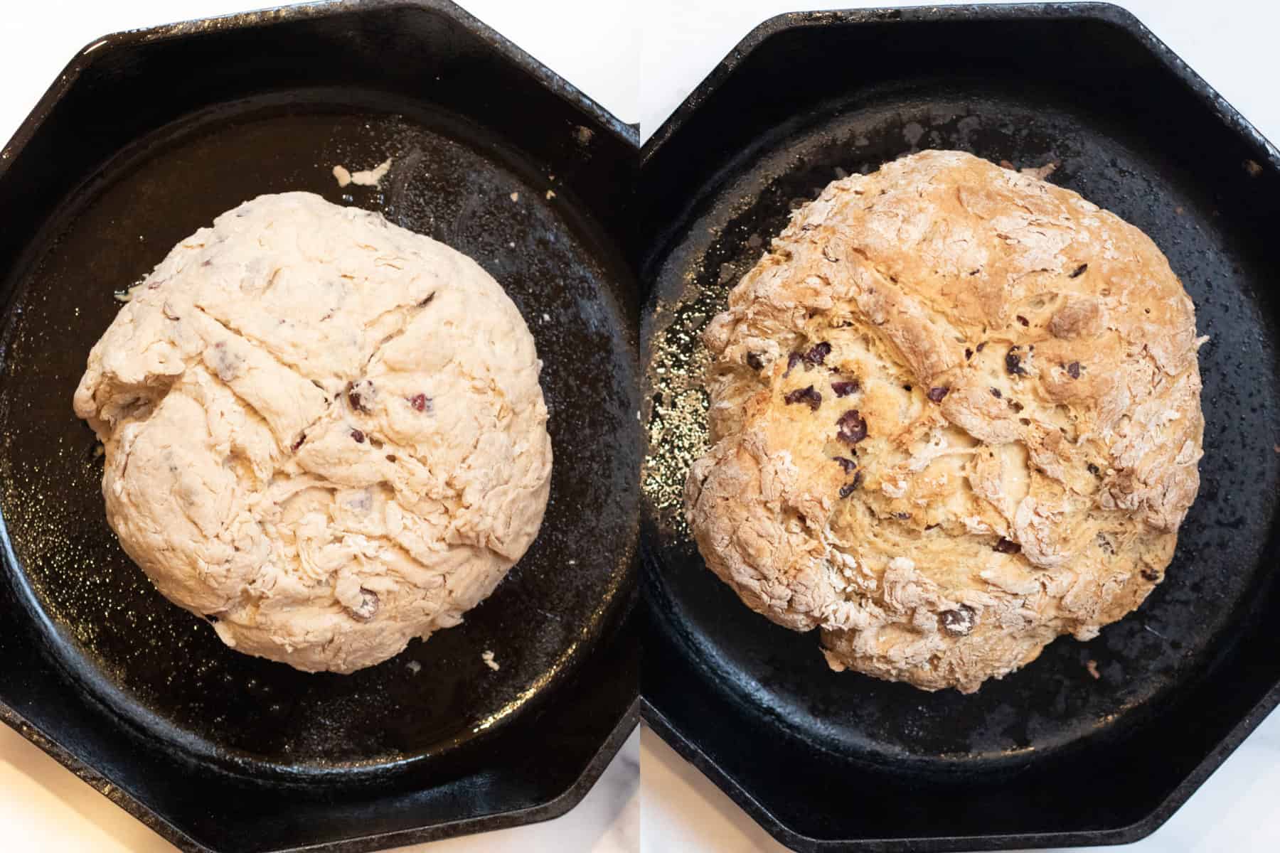 two cast iron pans one with an unbaked loaf and then it baked.