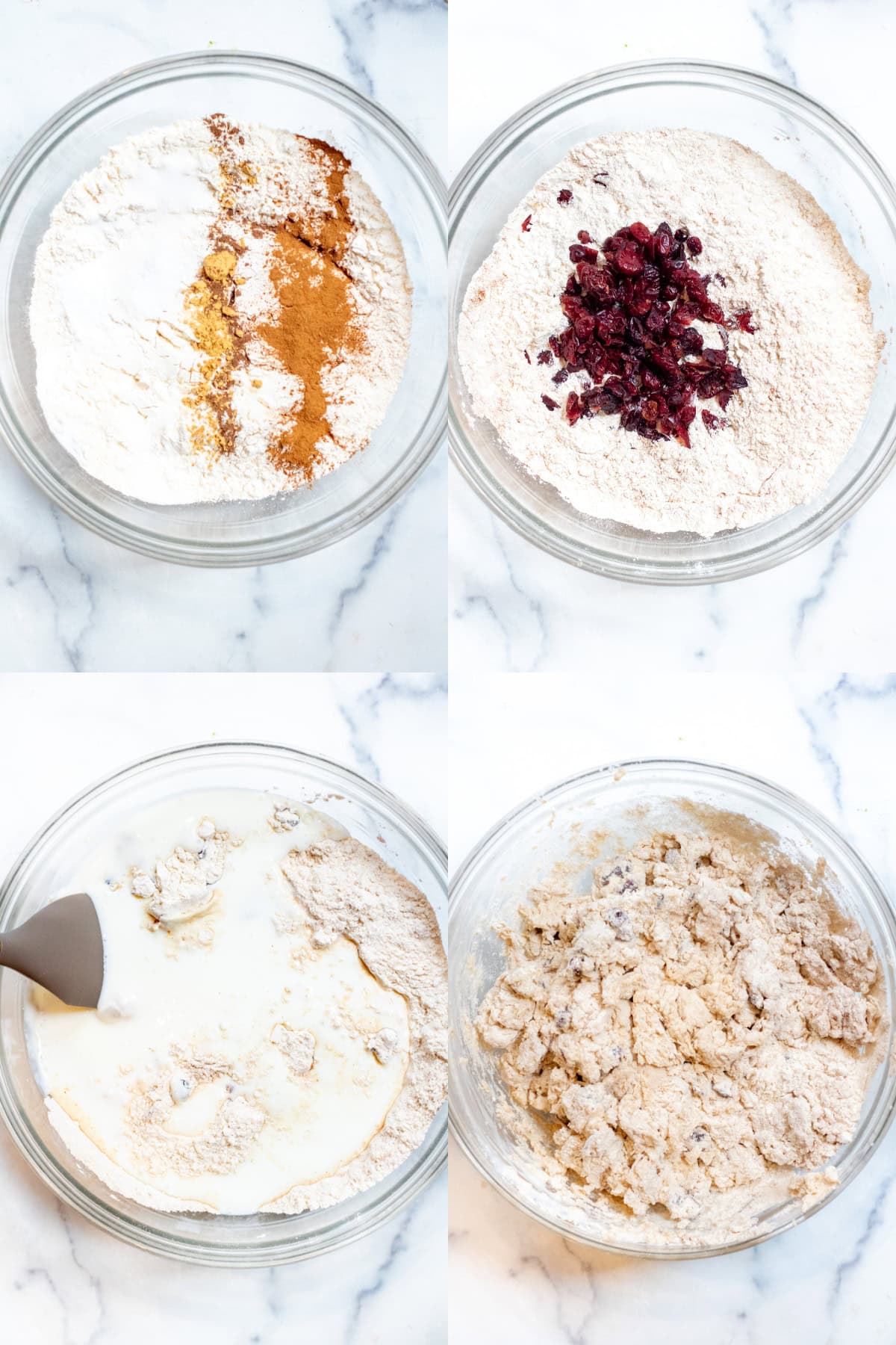 four bowls, one with flour and spices, then cranberries, and buttermilk added and then it mixed into a shaggy dough.