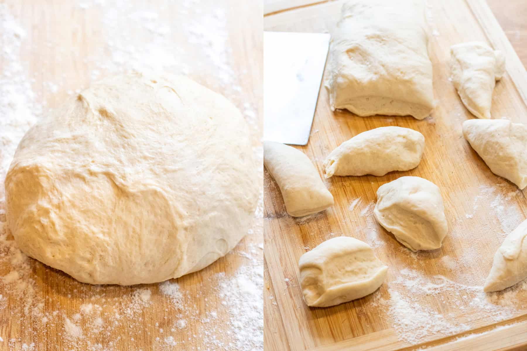 a large dough ball on a floured cutting board and then it cut up in to pieces.