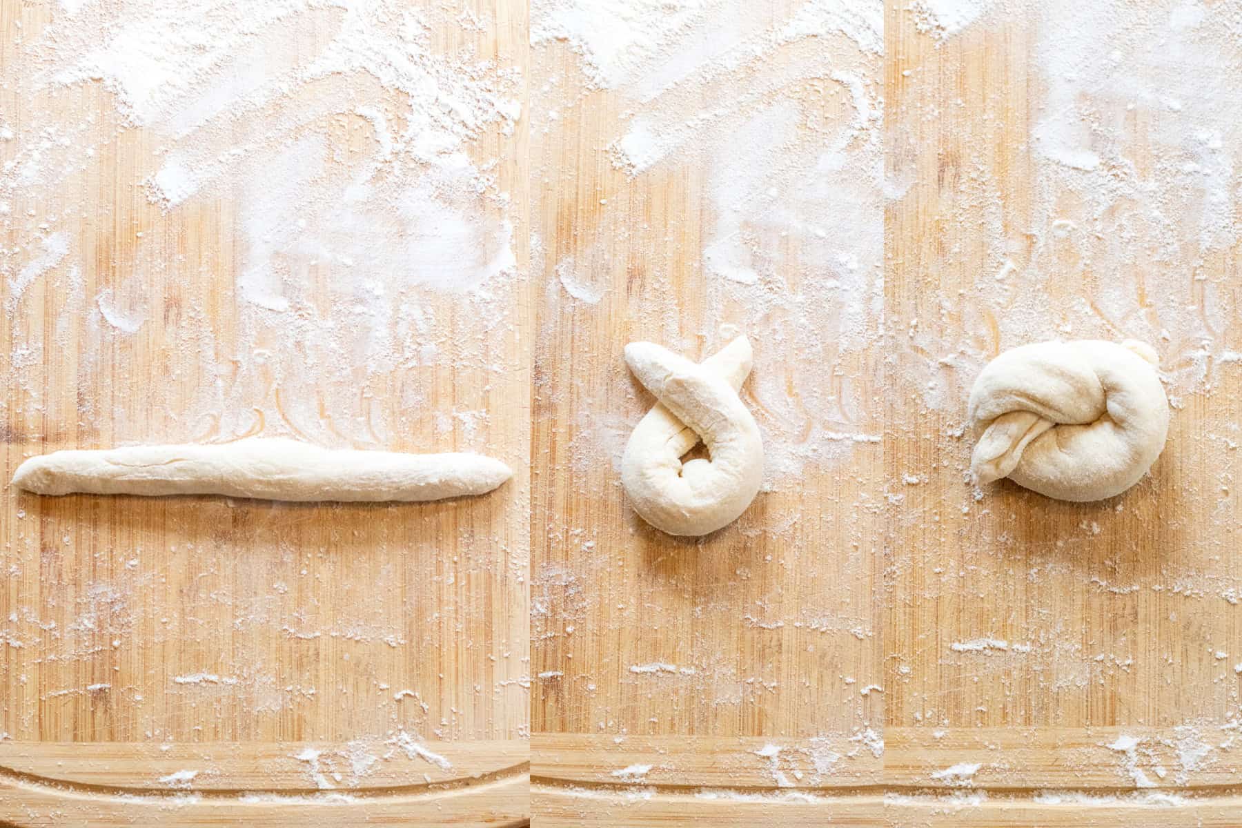 3 pictures, one of a dough log, one with it wrapped up, and then the last of it tied into a knot.