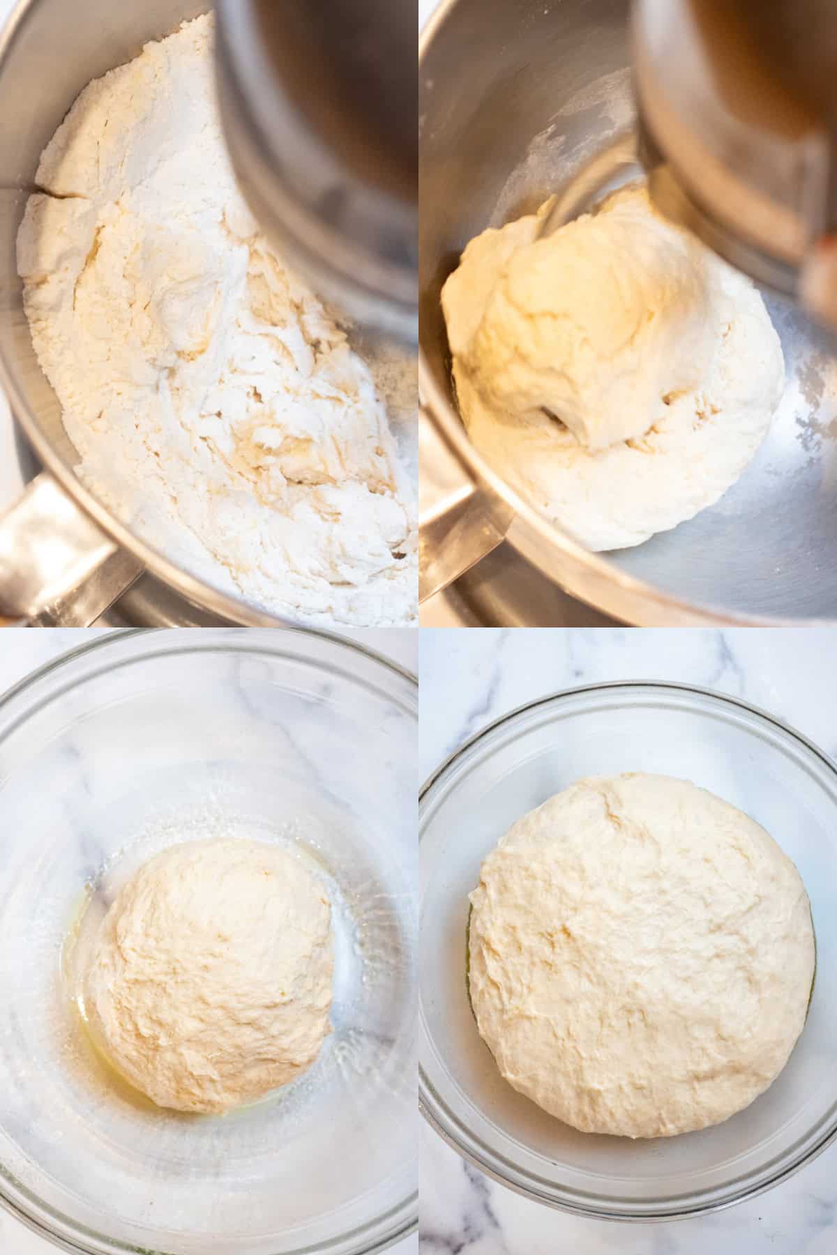 4 pictures two of a stand mixer with flour being mixed, a dough in the mixer bowl, and then a large bowl with a dough ball and then it proofed.