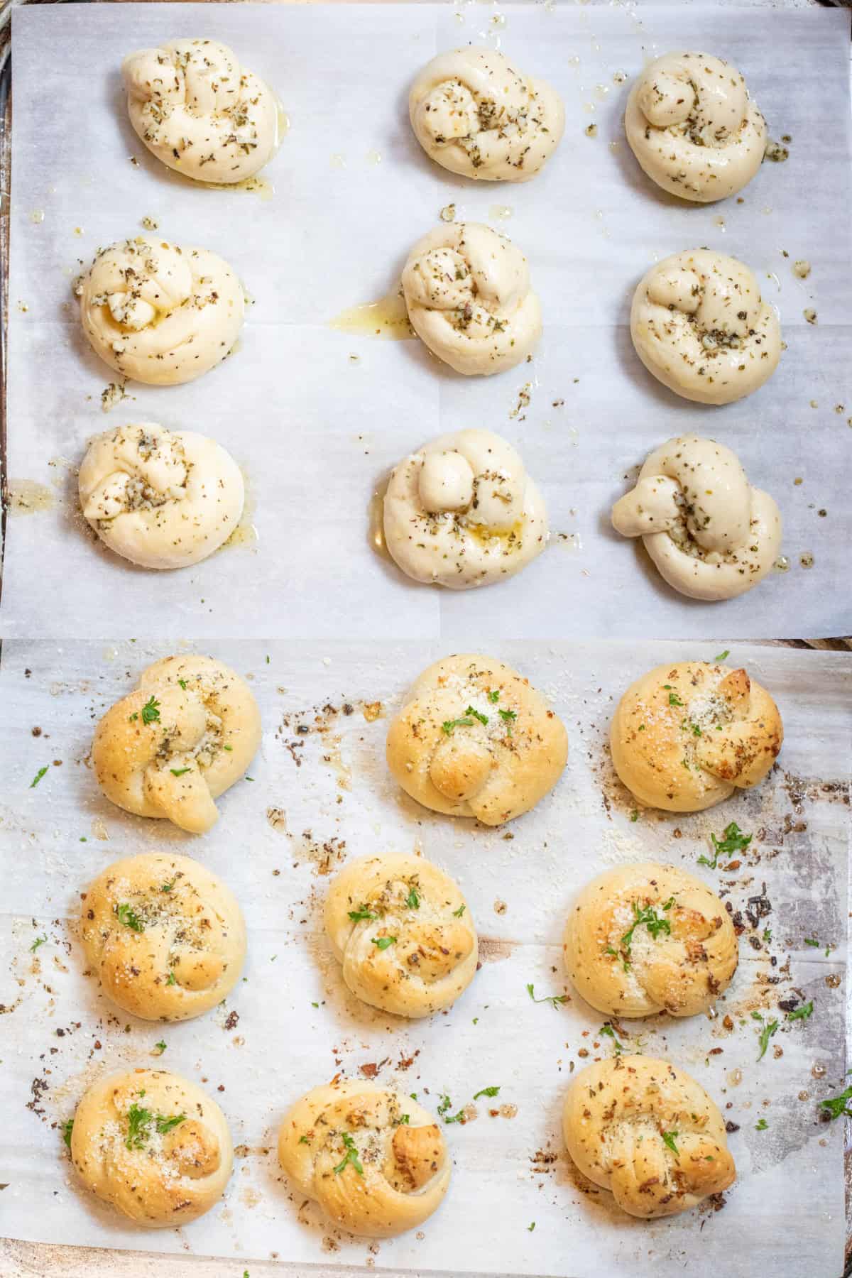 two pictures of parchment paper lined trays, one with unbaked garlic knots and the other with them all baked.