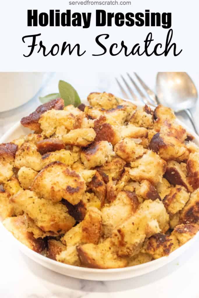 a bowl of big cooked holiday dressing and bread with Pinterest pin text.