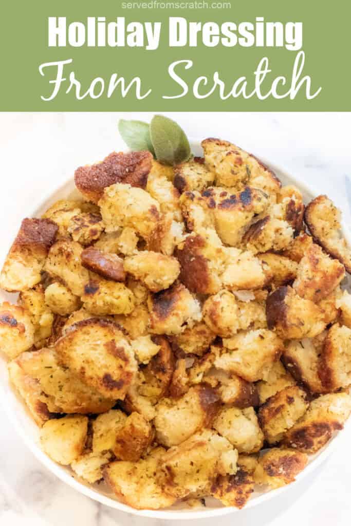 a bowl of big cooked holiday dressing and bread with Pinterest pin text.