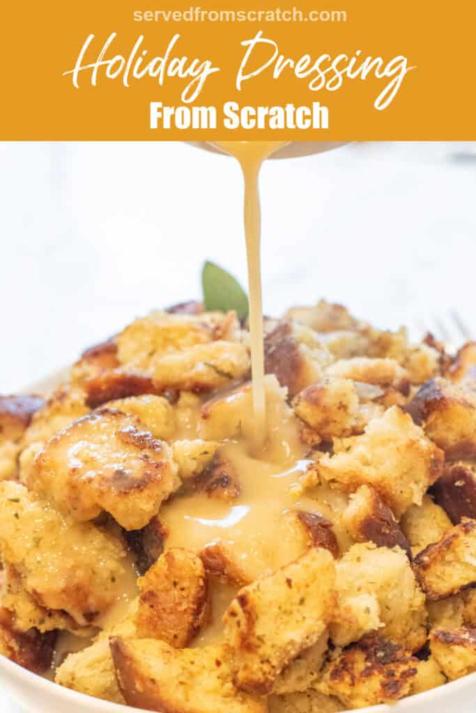 a bowl of thick bread dressing with gravy being poured on top with Pinterest pin text.