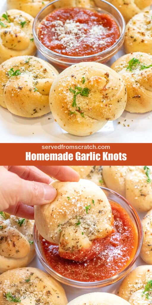 a plate of garlic knots, Pinterest pin text, and a hand dipping a garlic knot into a bowl of marinara.