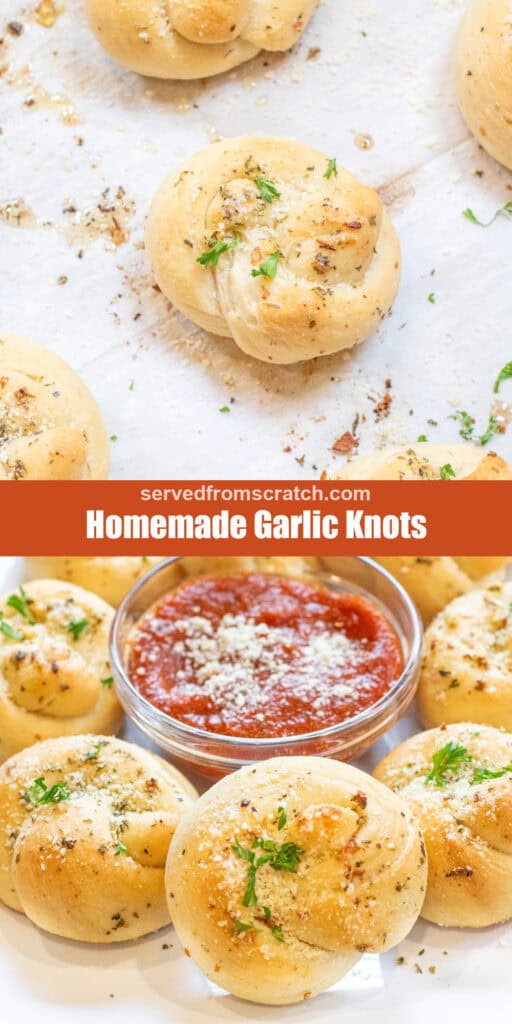 baking tray of a baked garlic knots, Pinterest pin text, and a plate of garlic knots with a bowl of marinara sauce.