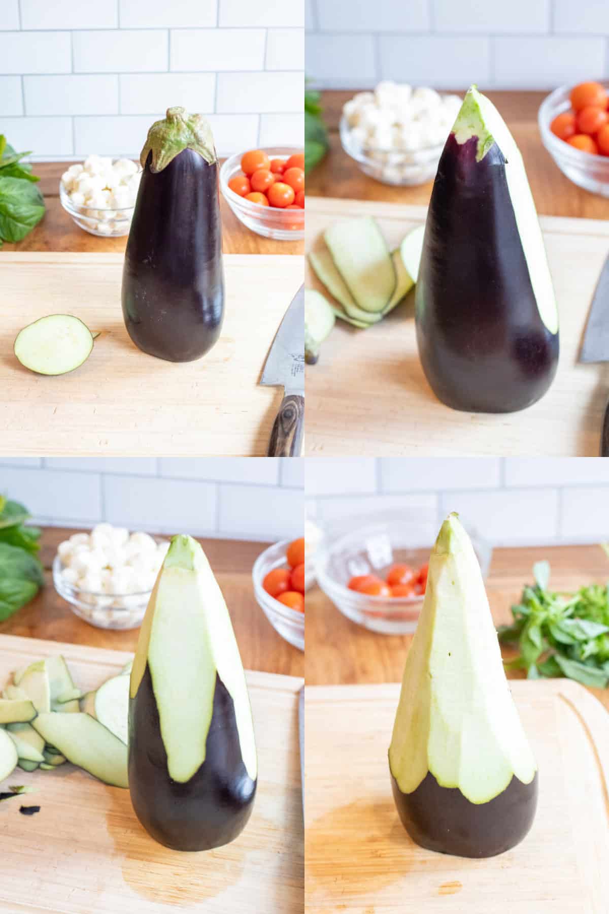 4 pictures of an eggplant being trimmed into a Christmas tree shape.