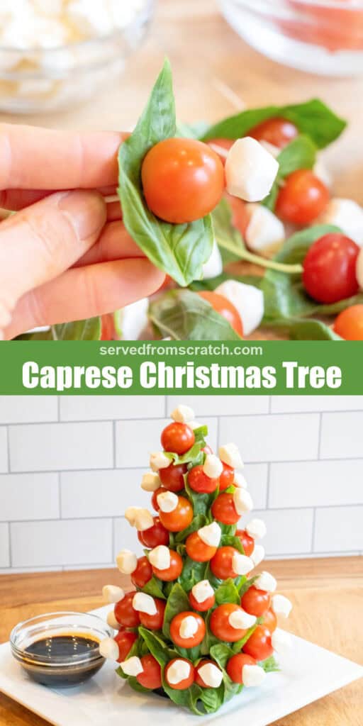 a hand holding a caprese skewer and a christmas tree shaped caprese tree with a bowl of balsamic with Pinterest pin text.